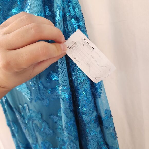 B. Darling Prom All Over Sequined Gown Blue flora Maxi Dress Turquoise Slit New - Picture 9 of 12
